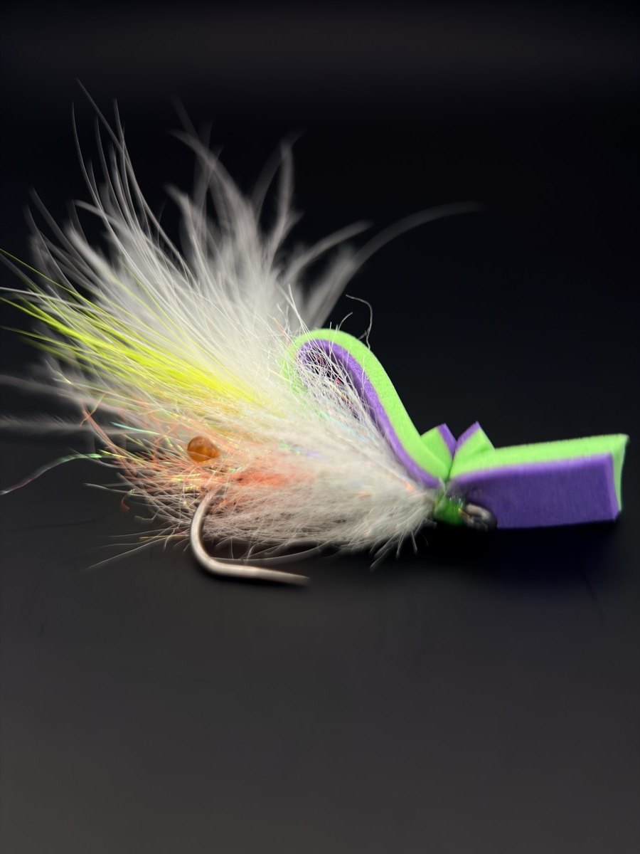 Chartreuse and white fly with a purple foam head
